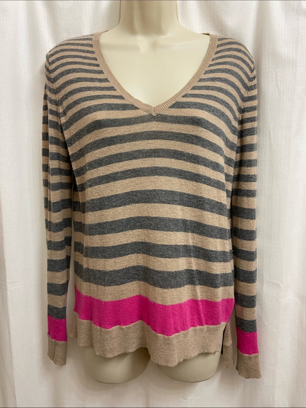 C&C California Cashmere in Tan Charcoal Pink Stripes Lightweight